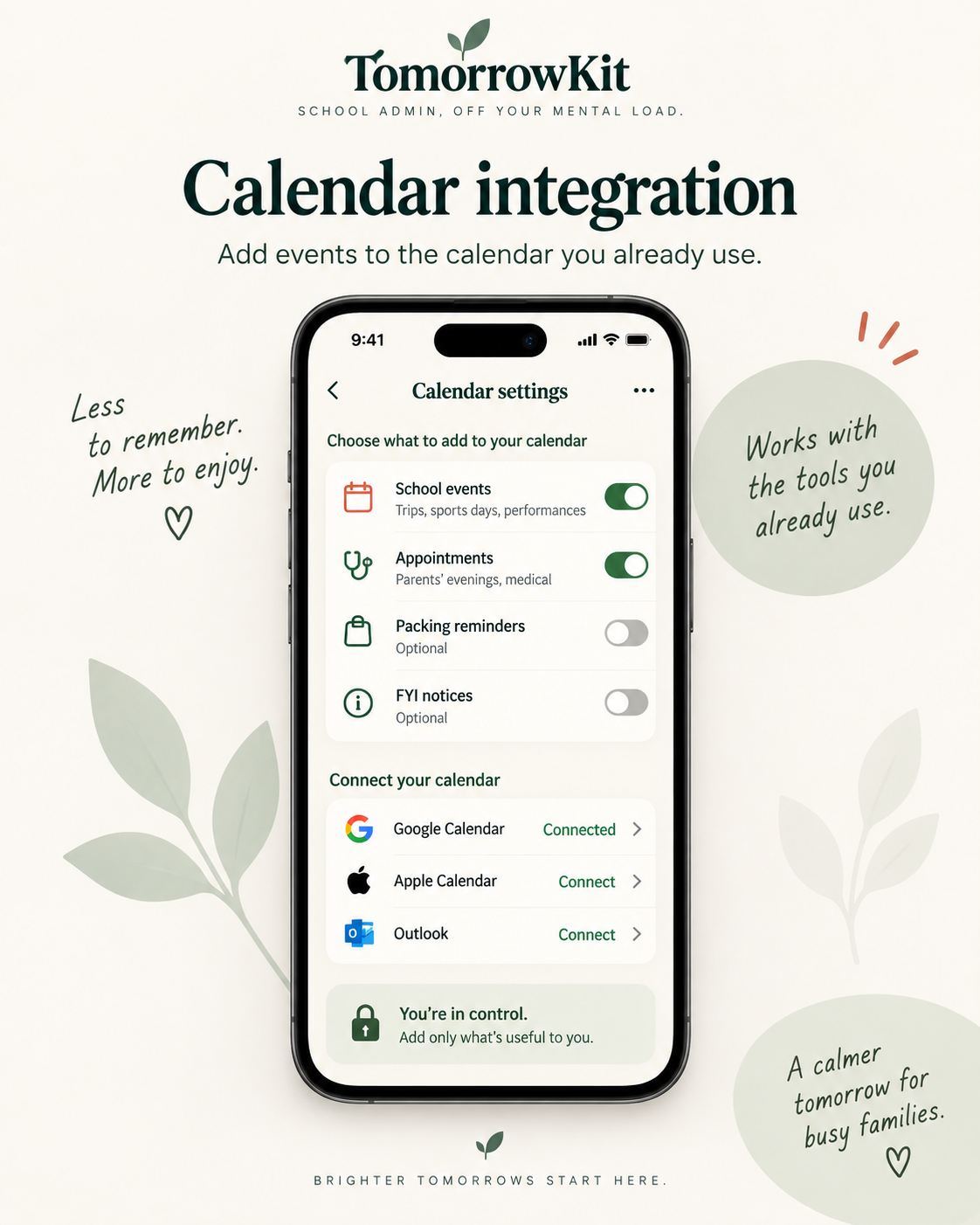 TomorrowKit calendar settings showing which items are added to your calendar, with Google Calendar connected and Apple Calendar and Outlook available to connect.