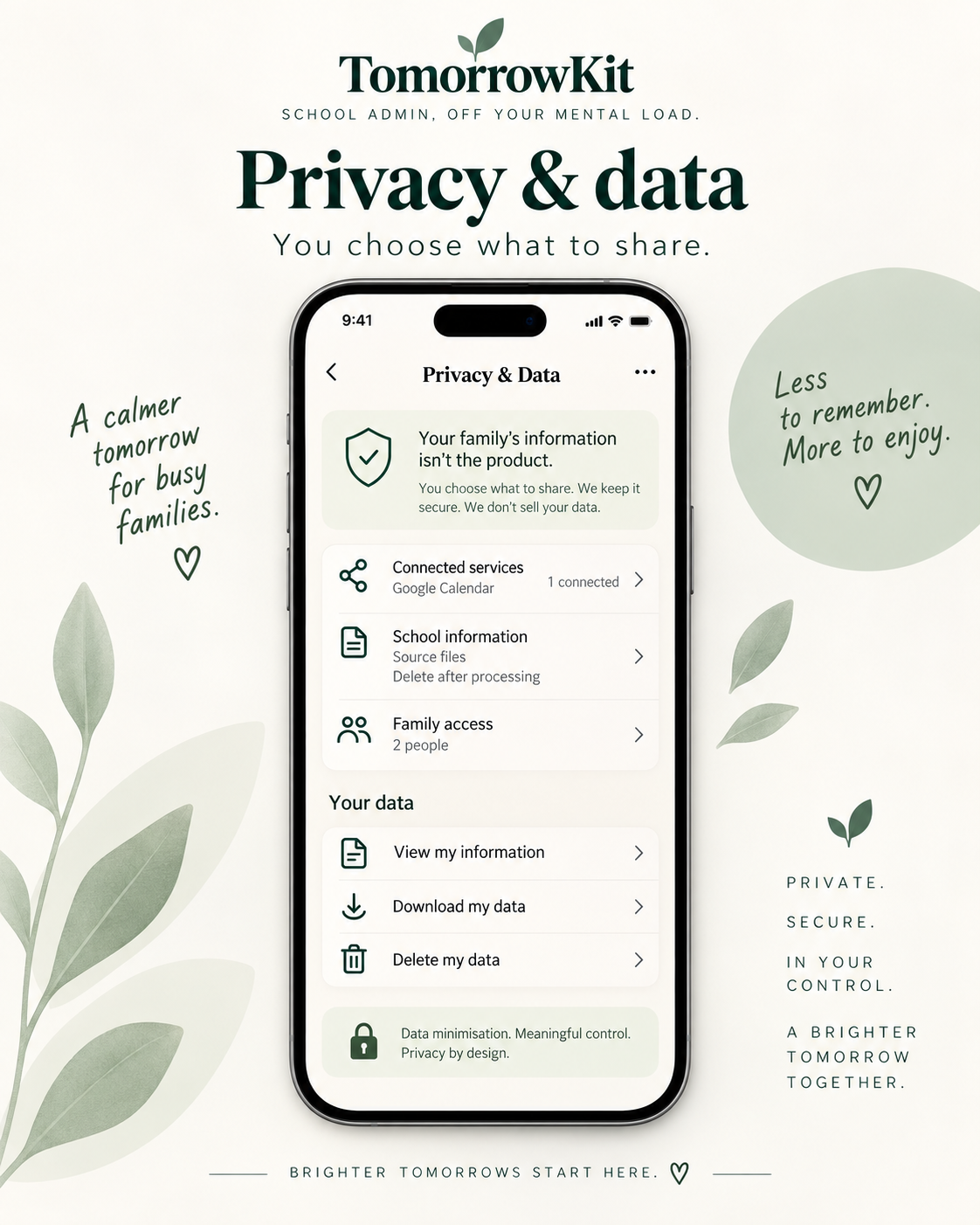 TomorrowKit Privacy and Data screen showing connected services, school information settings and options to view, download or delete your data.