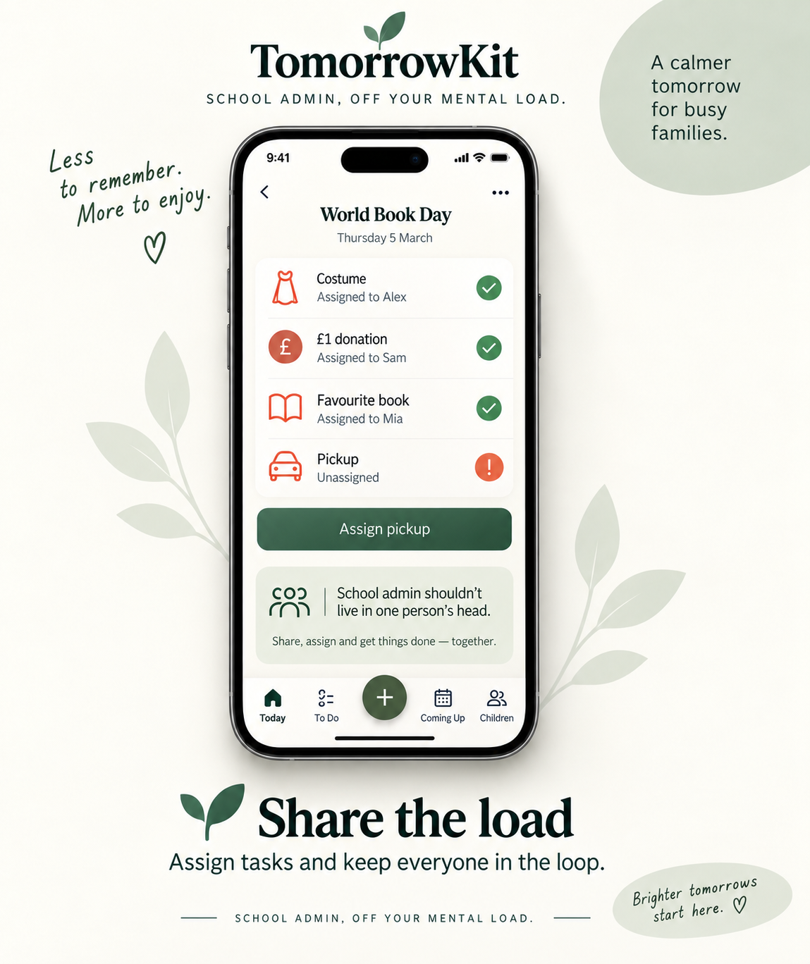 TomorrowKit World Book Day screen with costume, donation and favourite book tasks assigned to different family members, and pickup still unassigned.