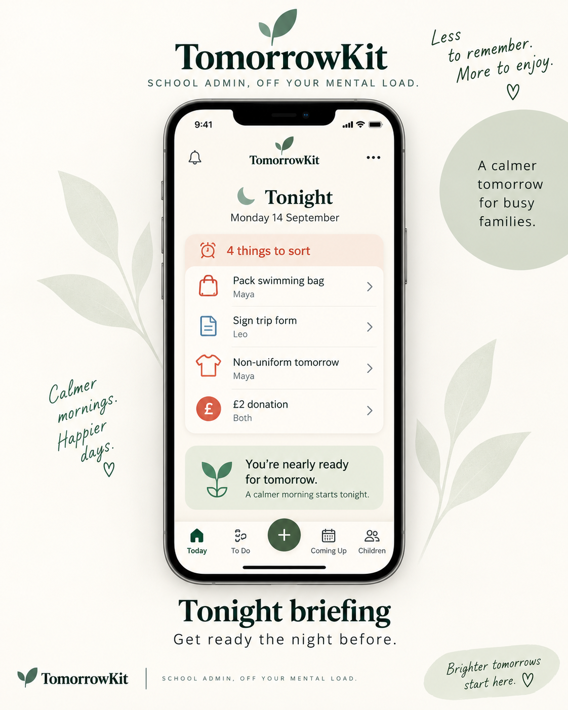 TomorrowKit Tonight briefing for Monday 14 September listing four things to sort, including packing a swimming bag and signing a trip form.